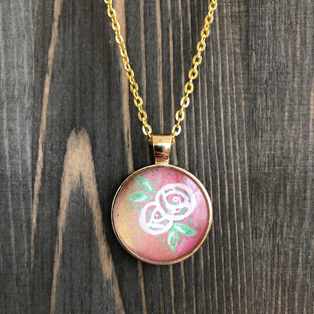 Pink Roses Hand Painted Pendant Necklace 20"